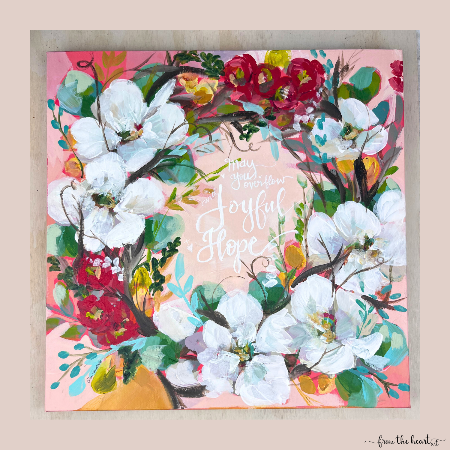 Pink Joyful Hope Wreath - Original Painting
